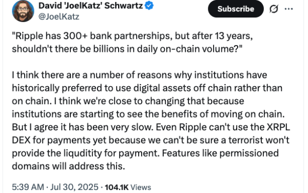 Ripple CTO defends low XRPL volume, says banks settle off‑chain