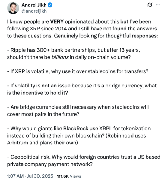 Ripple CTO defends low XRPL volume, says banks settle off‑chain