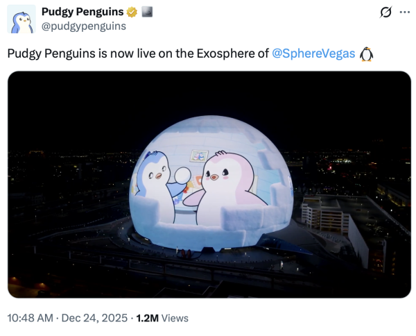 Pudgy Penguins brings NFT characters to the Las Vegas Sphere during Christmas