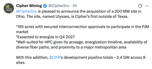 Cipher enters US wholesale power market with Ohio data center acquisition
