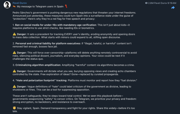 Telegram's Durov slams Spain's online age verification proposal